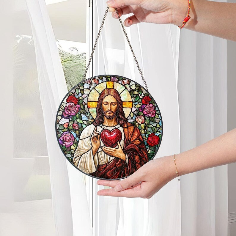 Sacred Heart of Jesus Stained Glass Suncatcher, Catholic Window Hanging, Christian Home Decor, Religious Gift, Prayer Room Decor GLASS04