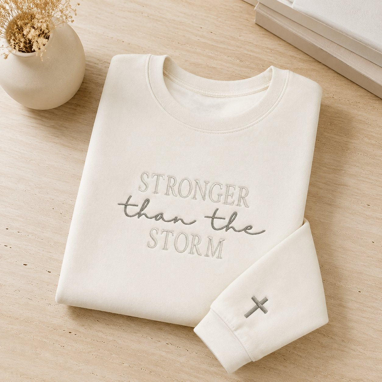 Stronger Than the Storm Embroidered Shirt, Christian Cross Sleeve Shirt, Faith Based Gift, Christian Embroidered Shirt N1EMS04