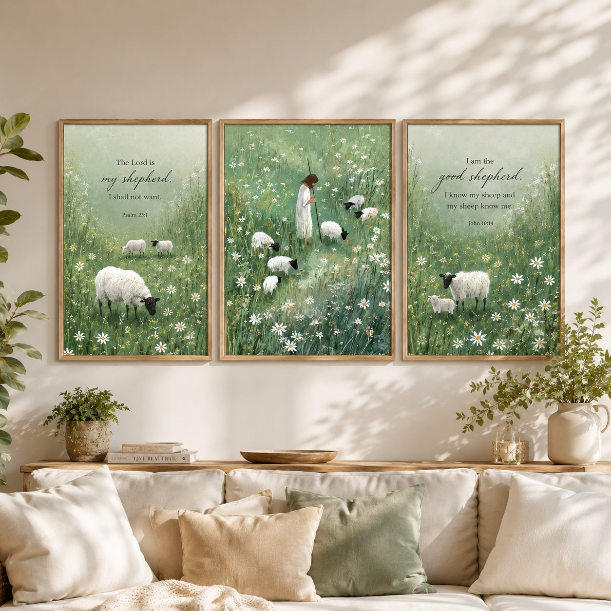 Set of 3 Good Shepherd Christian Poster, Watercolor Jesus and Sheep Posters, Christian Decor, Wall Hanging Decor PTSETA03
