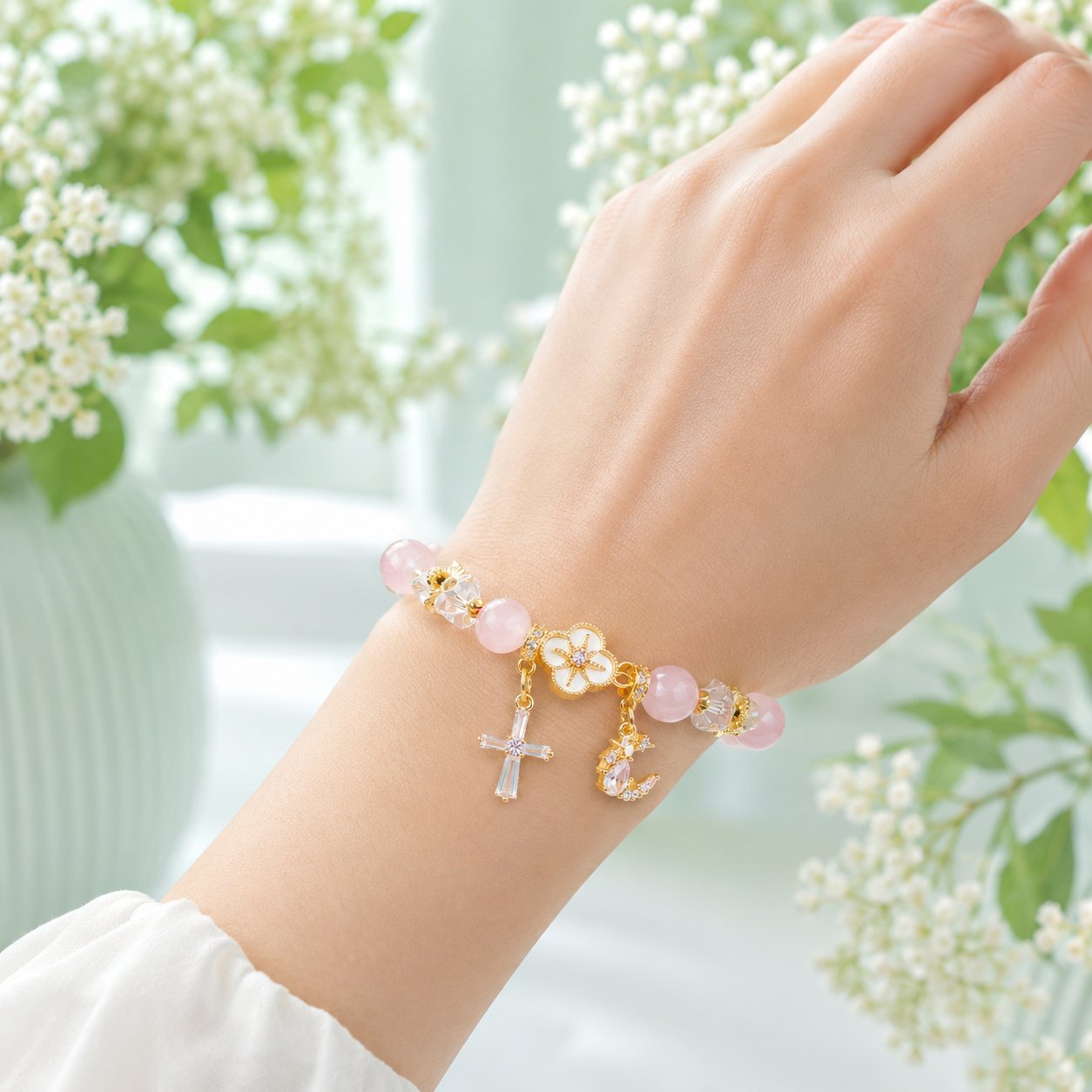 Catholic Pink Crystal Beaded Cross Bracelet with Dove Charm, Religious Jewelry Gift for Women, Baptism Confirmation First Communion Gift VTBR03
