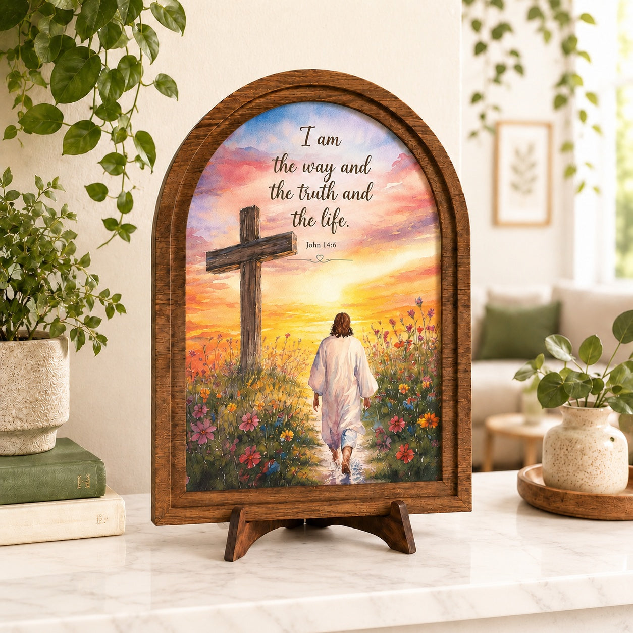 Christian Tabletop Decor - "I Am The Way" John 14:6 Wood Arched Frame, Bible Verse Plaque, Religious Home Gift WS04