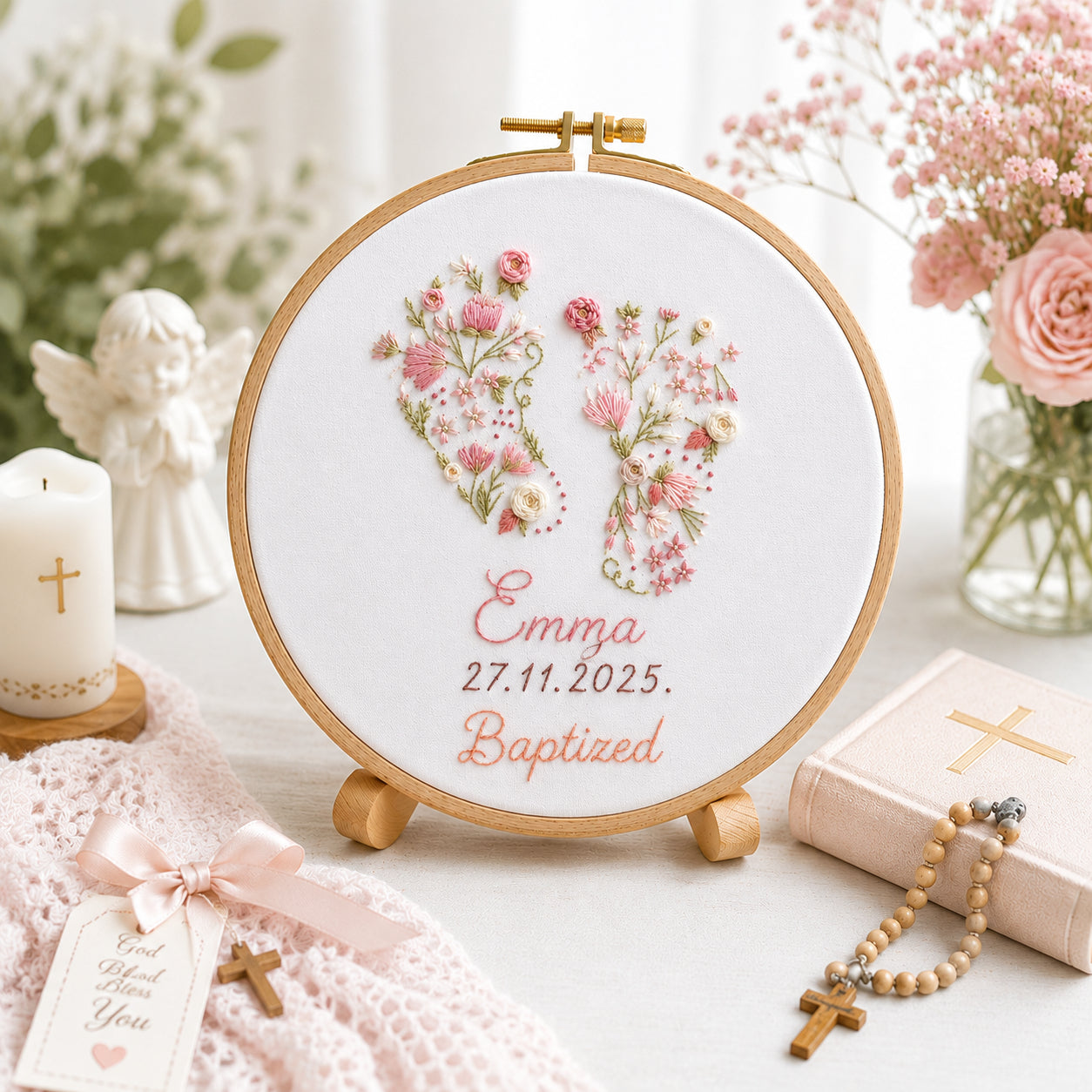 Embroidered Keepsake Baby Foot Baptism Hoop Art, Personalized Baby Boy And Girl Baptism Name Sign, Floral Hoop, Custom Baby Christening Godson Kids Dedication Faith Gift EHA21