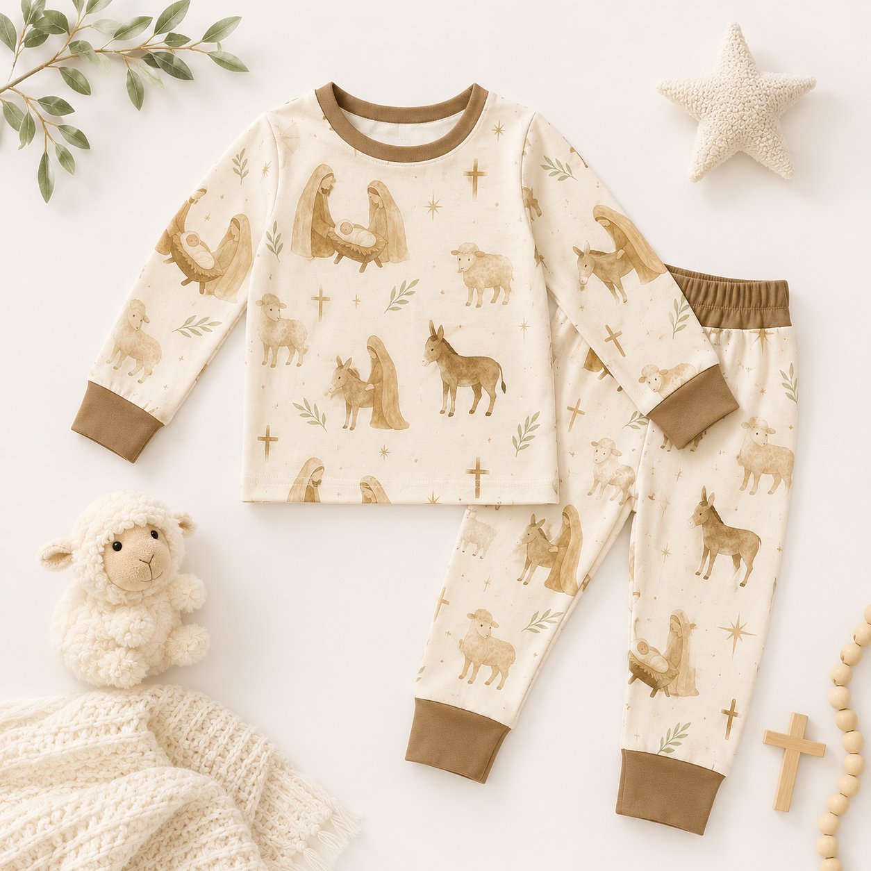 Jesus Nativity Bamboo Baby Kids Pajamas Set, Christian Christmas PJs, Holy Family Toddler Sleepwear, First Christmas Gift BBPJSS02