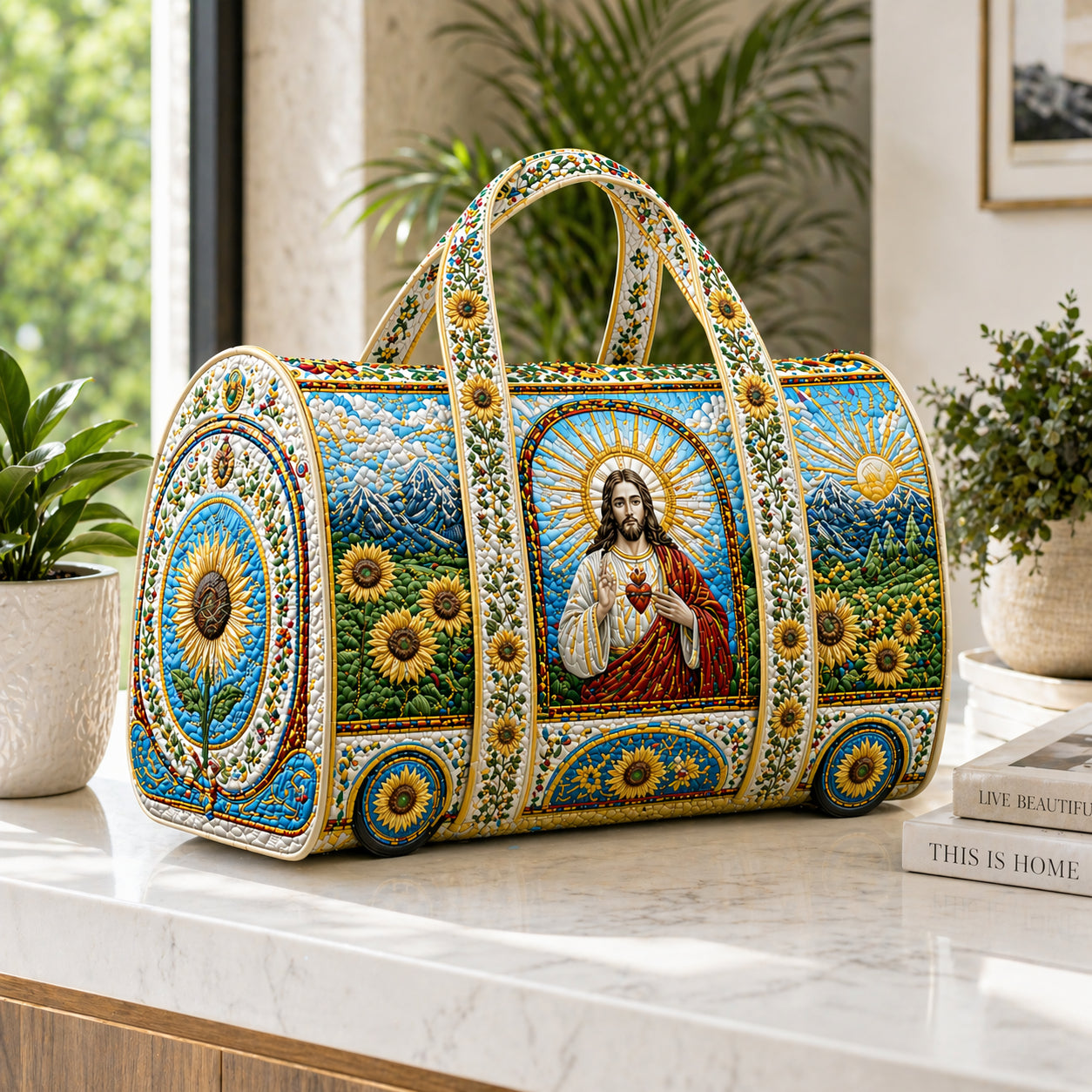 Christian Sunflower Quilted Duffle Bag, Catholic Religious Weekender Travel Bag, Sacred Heart Floral Vintage Carry On Overnight Bag QDB04