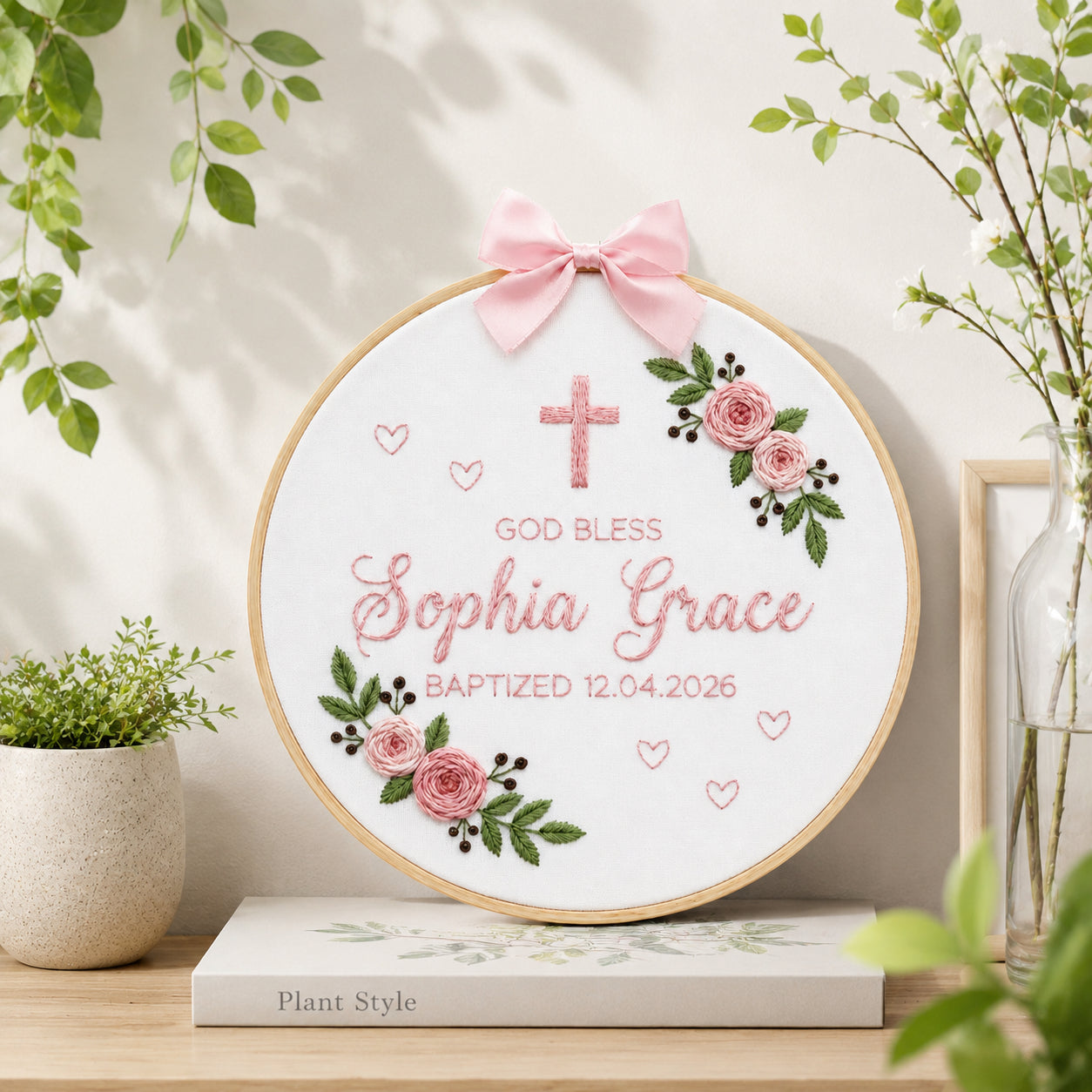 Personalized Hand Embroidered Baptism Hoop, God Bless Hoop Art, Custom Baby Name and Baptism Date, Floral Christian Keepsake EHA32
