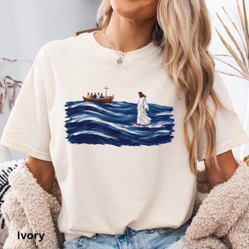 Comfort Colors Jesus Walking on Water Shirt, Brushstroke Christian Tee, Matthew 14 Bible Story Faith Gift for Women, God Lover Gifts CFNS04