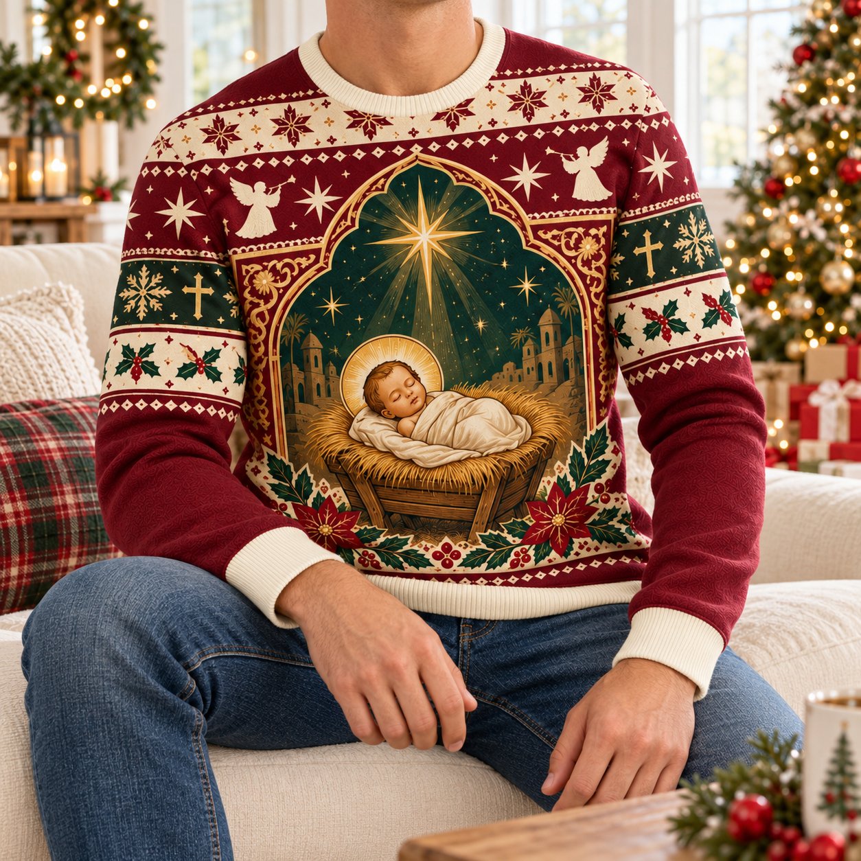 Nativity Scene Ugly Christmas Sweater, Baby Jesus Christian Holiday Sweatshirt, Religious Xmas Pullover, Faith Gift for Men Women, Holiday Family Shirt XMASUS04