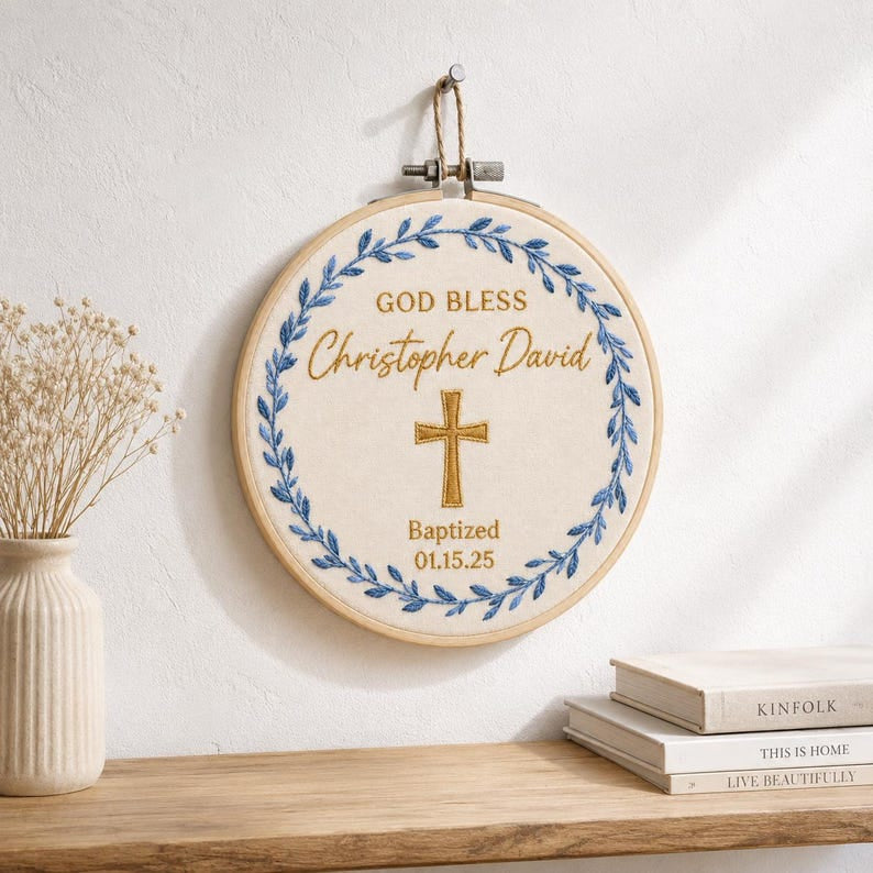 Personalized Baptism Embroidery Hoop Art, Custom Name and Date Christian Keepsake, God Bless Cross Wall Decor, Christening Gift EH17