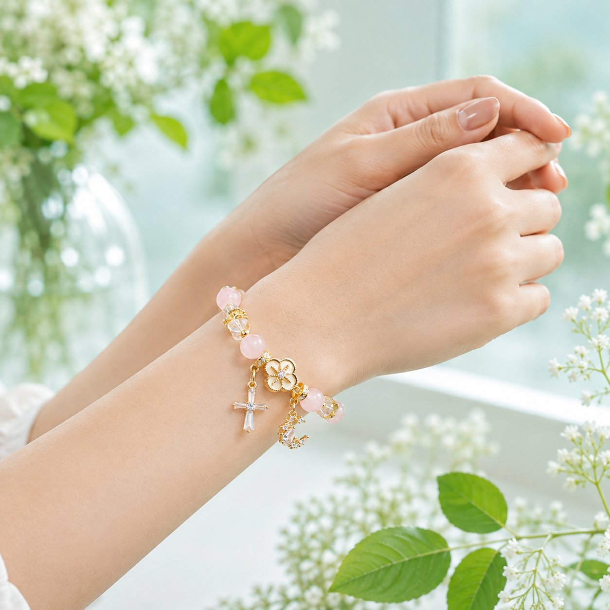 Catholic Pink Crystal Beaded Cross Bracelet with Dove Charm, Religious Jewelry Gift for Women, Baptism Confirmation First Communion Gift VTBR03