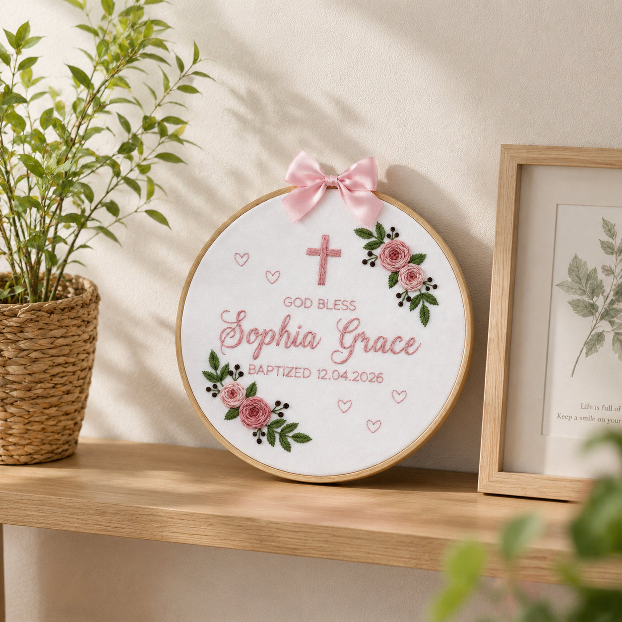 Personalized Hand Embroidered Baptism Hoop, God Bless Hoop Art, Custom Baby Name and Baptism Date, Floral Christian Keepsake EHA32