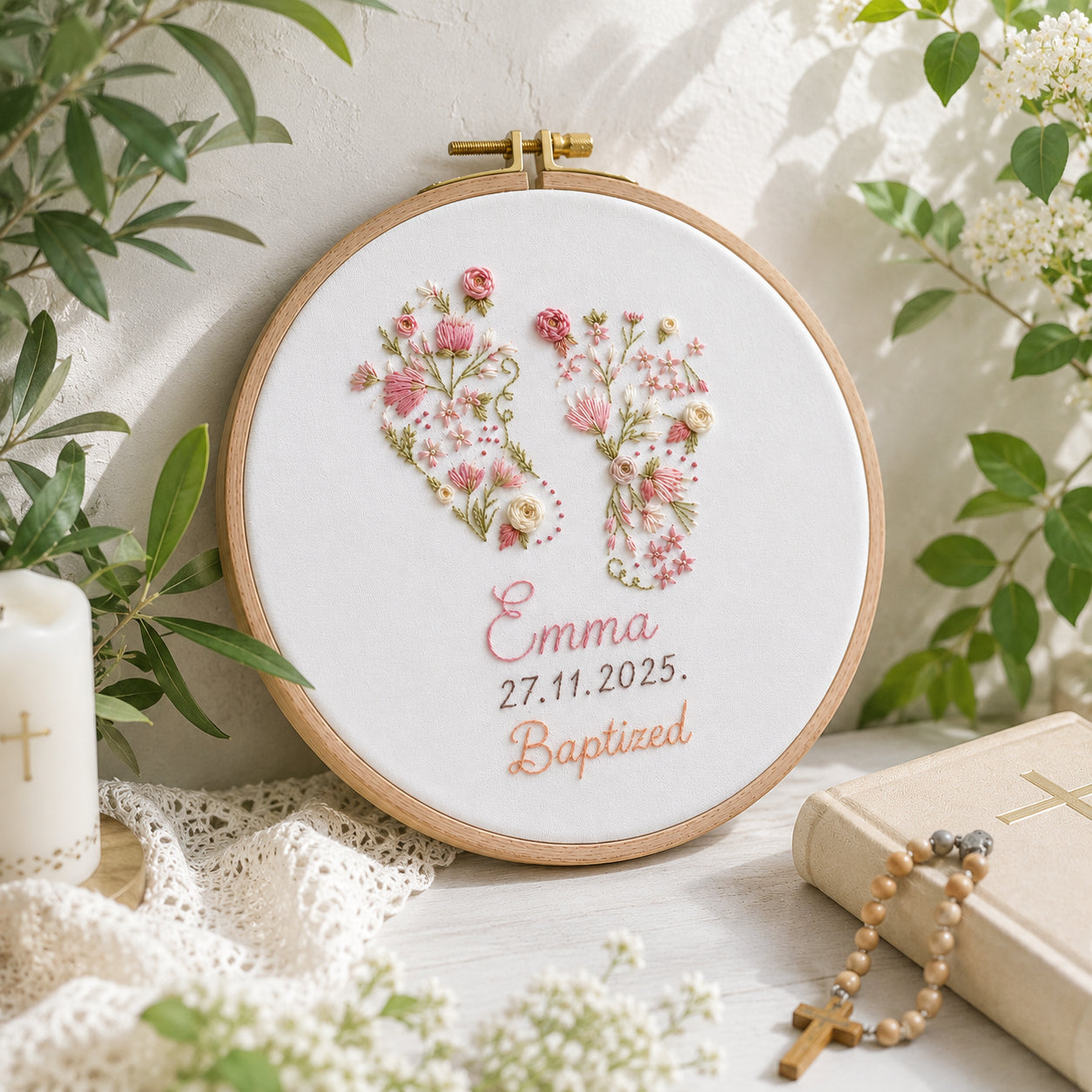 Embroidered Keepsake Baby Foot Baptism Hoop Art, Personalized Baby Boy And Girl Baptism Name Sign, Floral Hoop, Custom Baby Christening Godson Kids Dedication Faith Gift EHA21