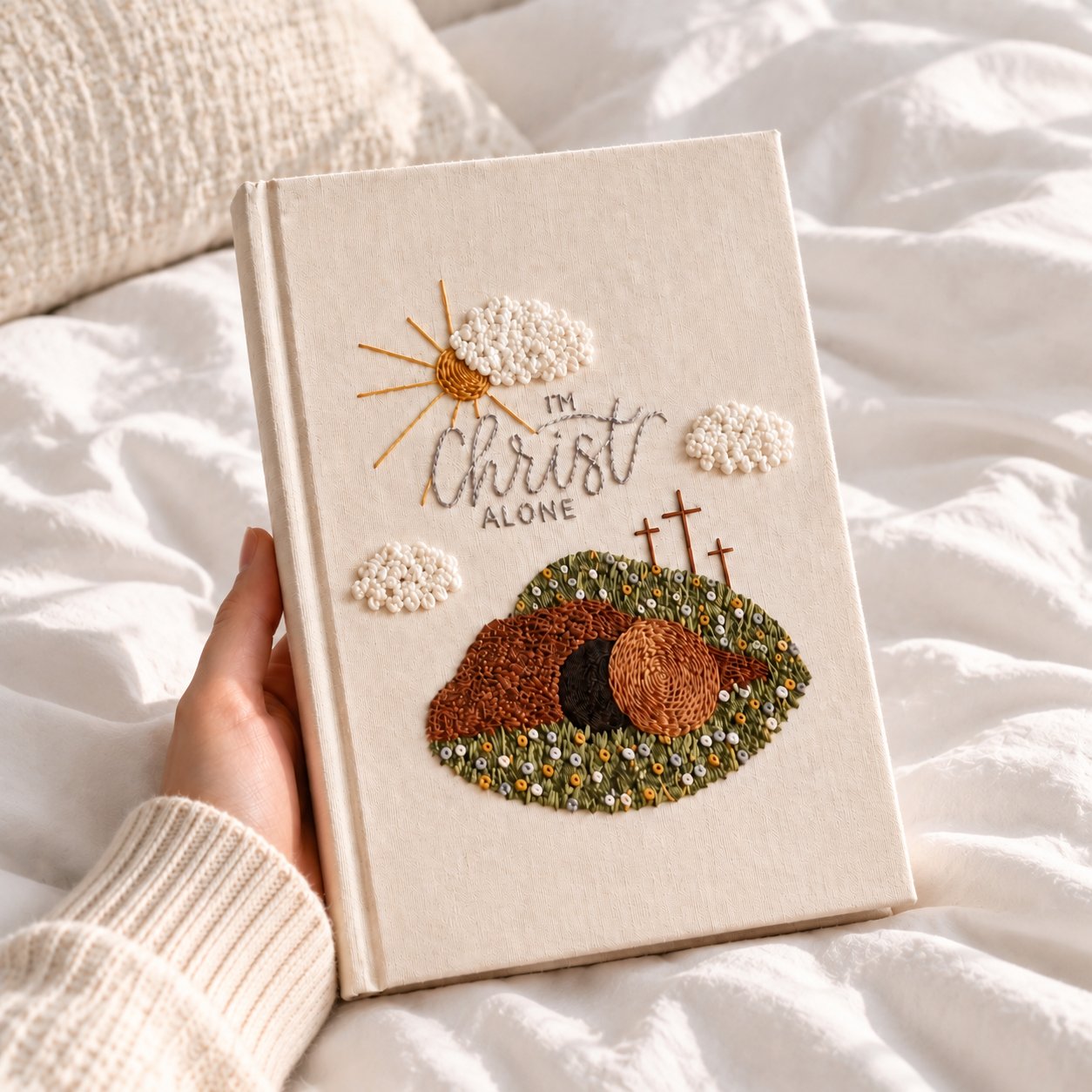 Personalized Christian Hand-Embroidery Journal, Christ Alone Lamb Notebook, Handmade Fabric Bible Journal, Faith Gift for Women, Prayer Notebook NB07