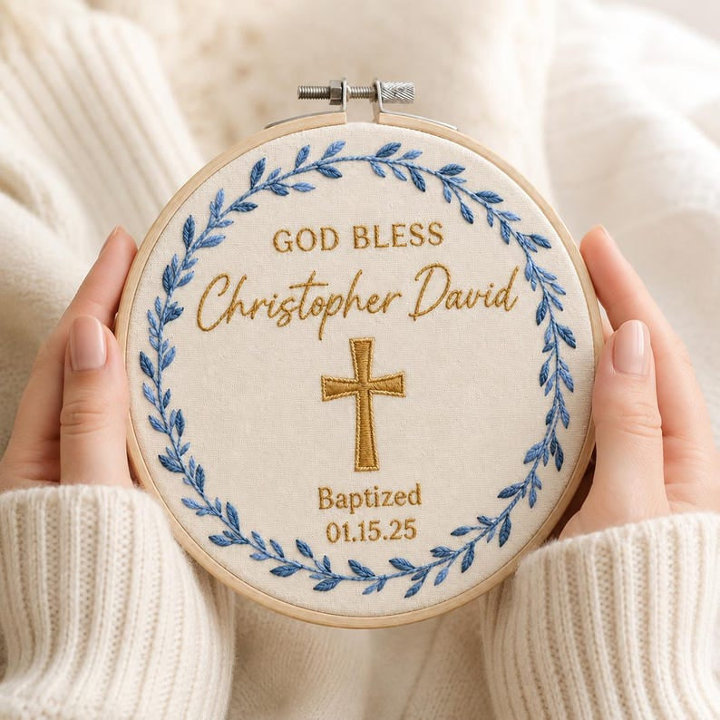 Personalized Baptism Embroidery Hoop Art, Custom Name and Date Christian Keepsake, God Bless Cross Wall Decor, Christening Gift EH17