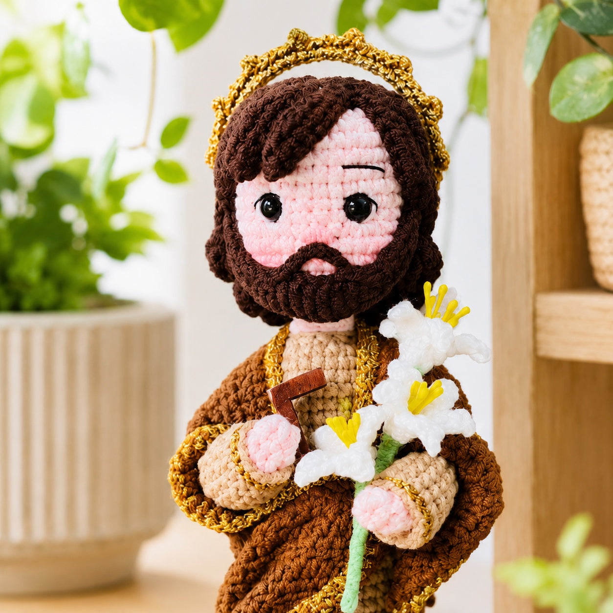 Saint Joseph Handmade Crochet, Saint Joseph Amigurumi Plush, Religious Faith Gift, Religious Keepsake Baptism Gift, Prayer Room Decor CR04