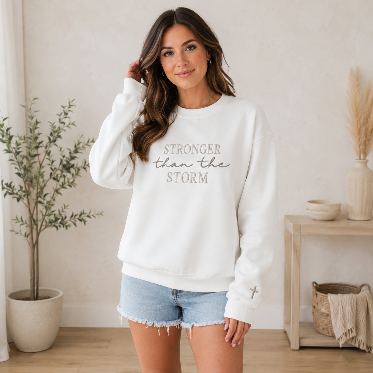 Stronger Than the Storm Embroidered Shirt, Christian Cross Sleeve Shirt, Faith Based Gift, Christian Embroidered Shirt N1EMS04