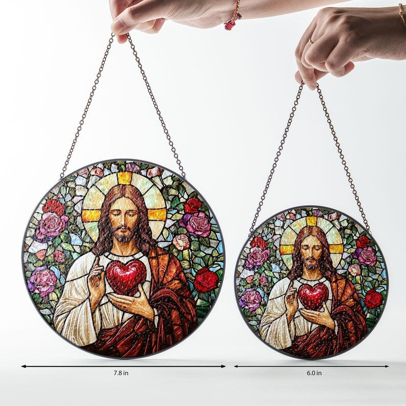 Sacred Heart of Jesus Stained Glass Suncatcher, Catholic Window Hanging, Christian Home Decor, Religious Gift, Prayer Room Decor GLASS04