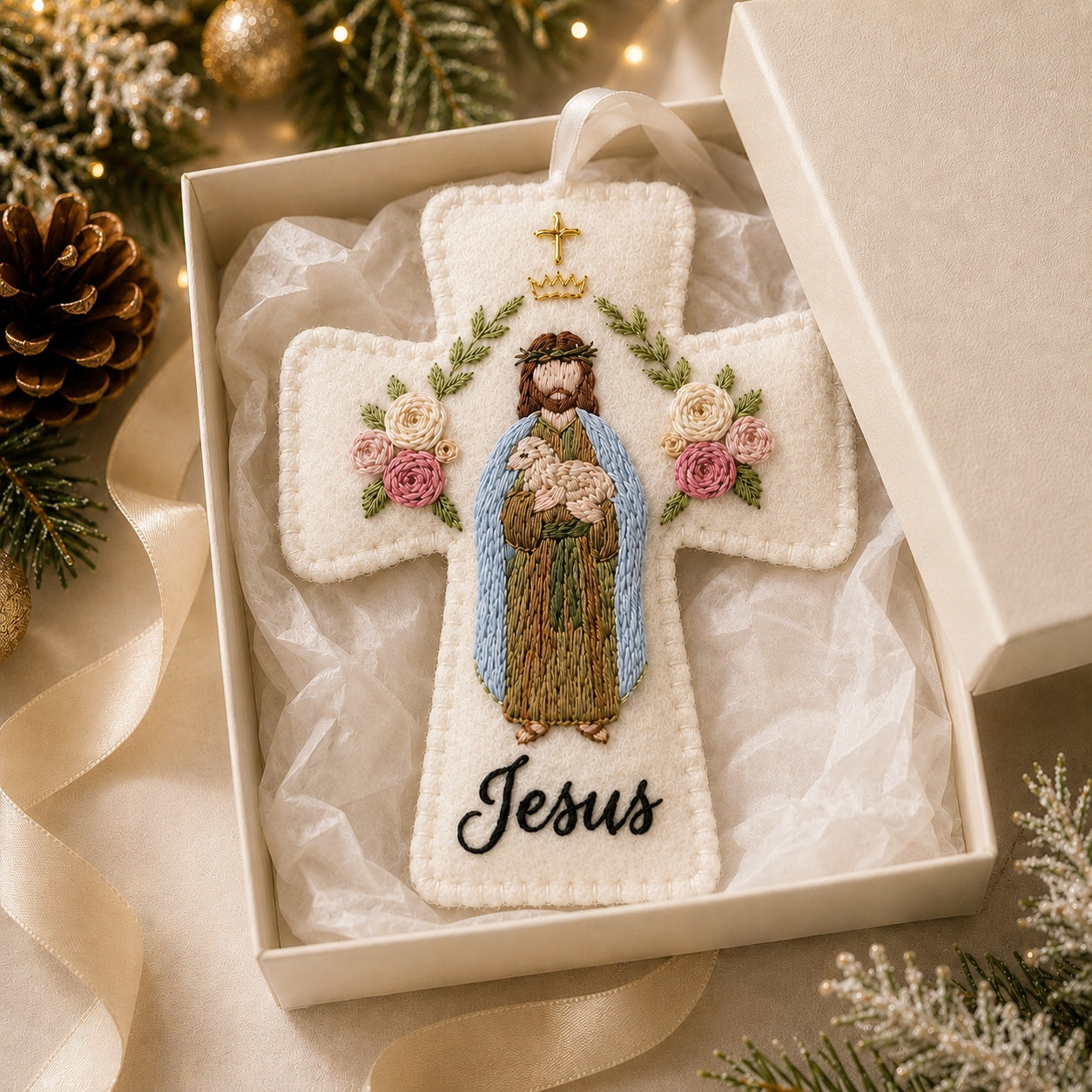 Personalized Jesus Cross Felt Ornament, Embroidered Felt Christmas Tree Decoration, Jesus Good Shepherd, Catholic Jesus Ornament, Handmade Felt Cross Christmas FE04