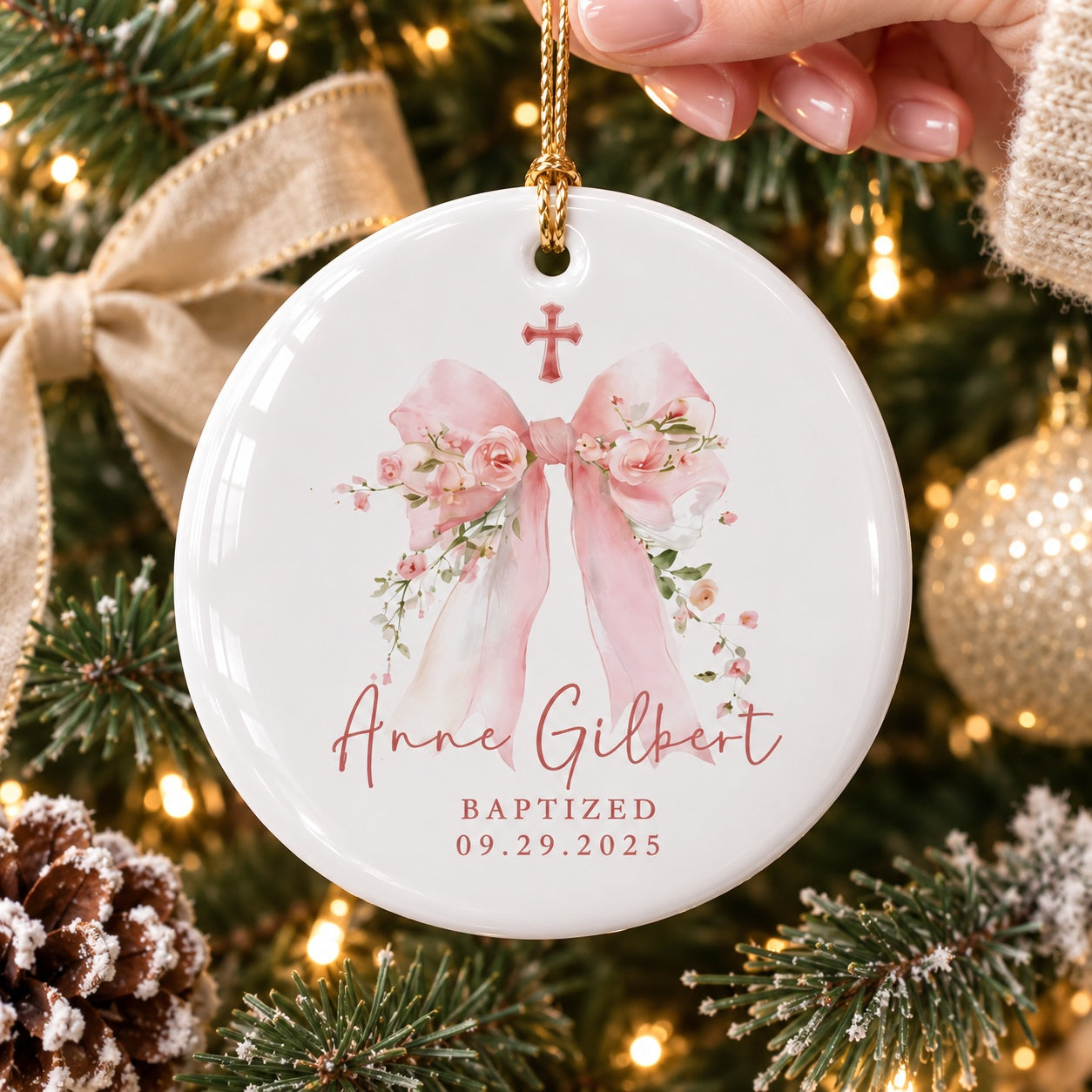 Personalized Flower And Bow Baptism Ceramic Ornament, Custom Baby Keepsake, Goddaughter Gift, Baby Dedication Ornament, Baptism Ornament Gift CRMO04