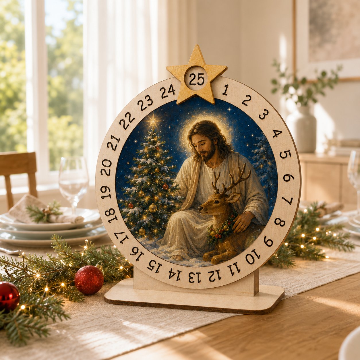 Wooden Jesus Advent Calendar, Custom Tabletop Religious Gift, Spinning Wheel Christmas Countdown Decor, Religious Christian Christmas Gift XMASW02