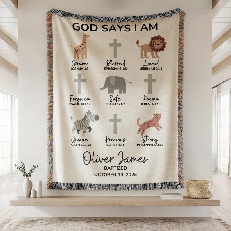 God Says I Am Baptism Blanket, Safari Animals Woven Blanket, Custom Christening Blanket with Cross, Personalized Baby Name & Date Blanket, Baby Shower Gift WBLAF04