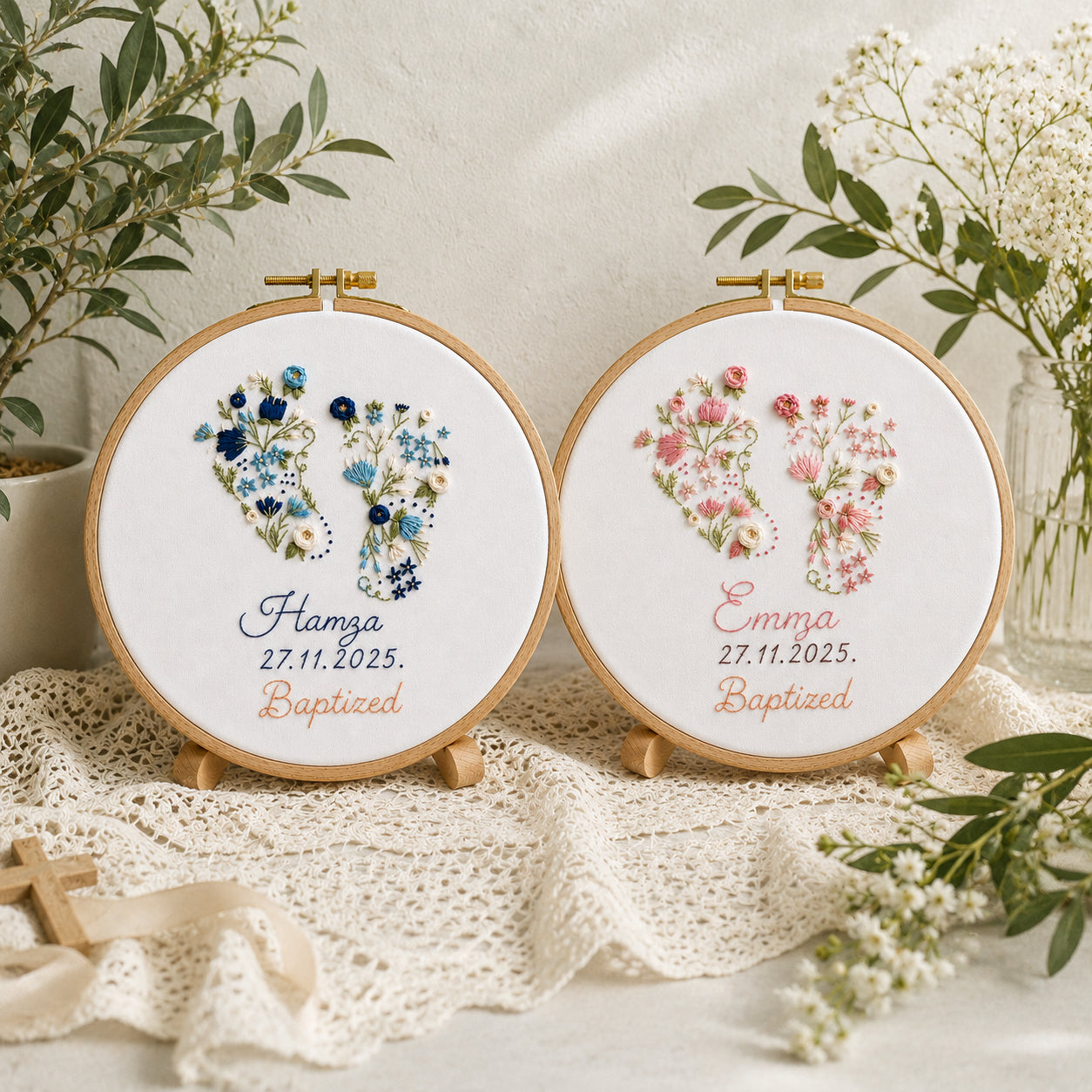 Embroidered Keepsake Baby Foot Baptism Hoop Art, Personalized Baby Boy And Girl Baptism Name Sign, Floral Hoop, Custom Baby Christening Godson Kids Dedication Faith Gift EHA21