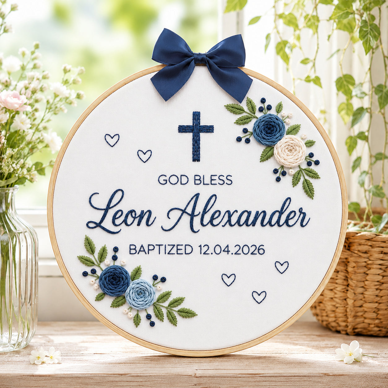Personalized Hand Embroidered Baptism Hoop, God Bless Hoop Art, Custom Baby Name and Baptism Date, Floral Christian Keepsake EHA32