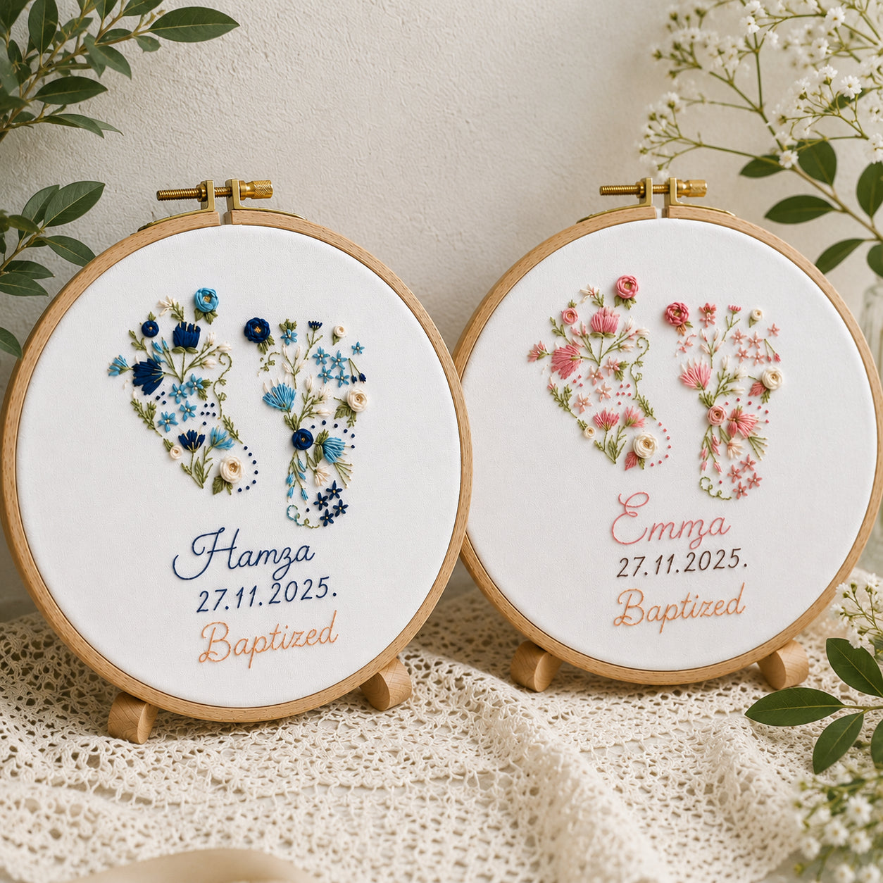 Embroidered Keepsake Baby Foot Baptism Hoop Art, Personalized Baby Boy And Girl Baptism Name Sign, Floral Hoop, Custom Baby Christening Godson Kids Dedication Faith Gift EHA21
