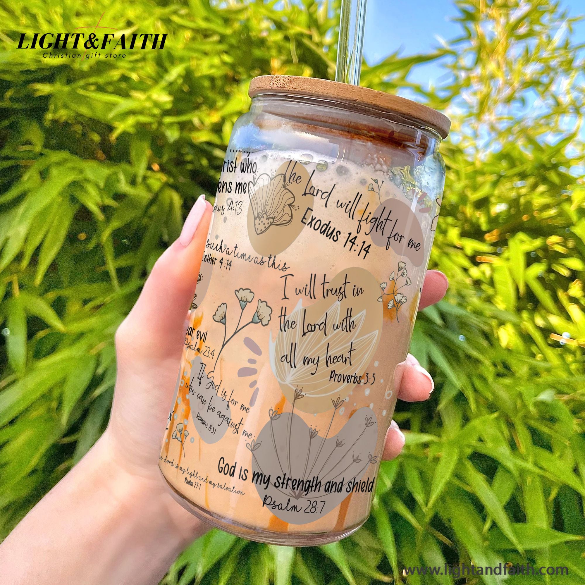 Christian Clear Glass Can with Bamboo Lid and Straw, Bible Verse Floral Cup, Scripture Iced Coffee Tumbler, Faith Gift for Women GCLAF33