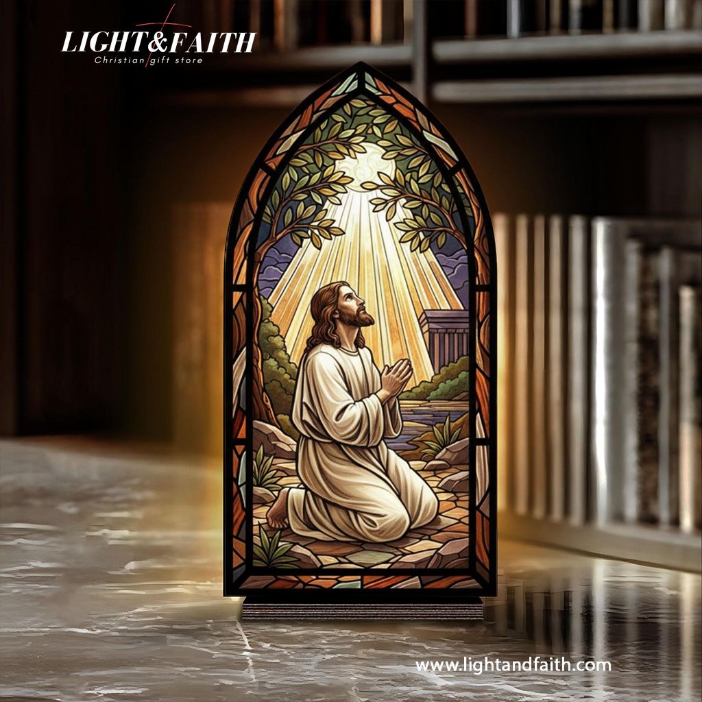 Jesus Praying in Gethsemane Book Nook, Stained Glass Style Acrylic Decor, Christian Gift, Religious Home Decoration BNLAF05
