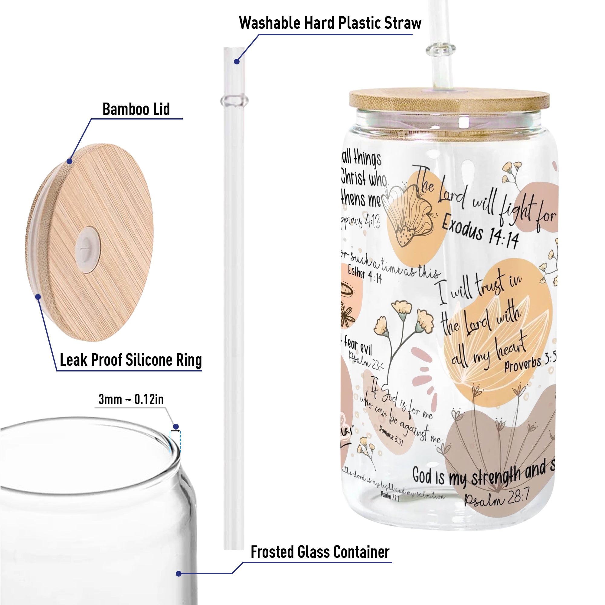 Christian Clear Glass Can with Bamboo Lid and Straw, Bible Verse Floral Cup, Scripture Iced Coffee Tumbler, Faith Gift for Women GCLAF33
