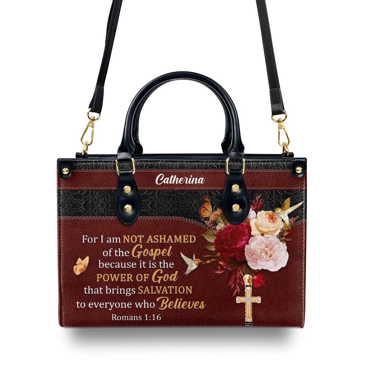 Personalized Christian Leather HandBag with Bible Verse Romans 1:16, Custom Name Handbag, Faith Religious Gift for Women BLAF18