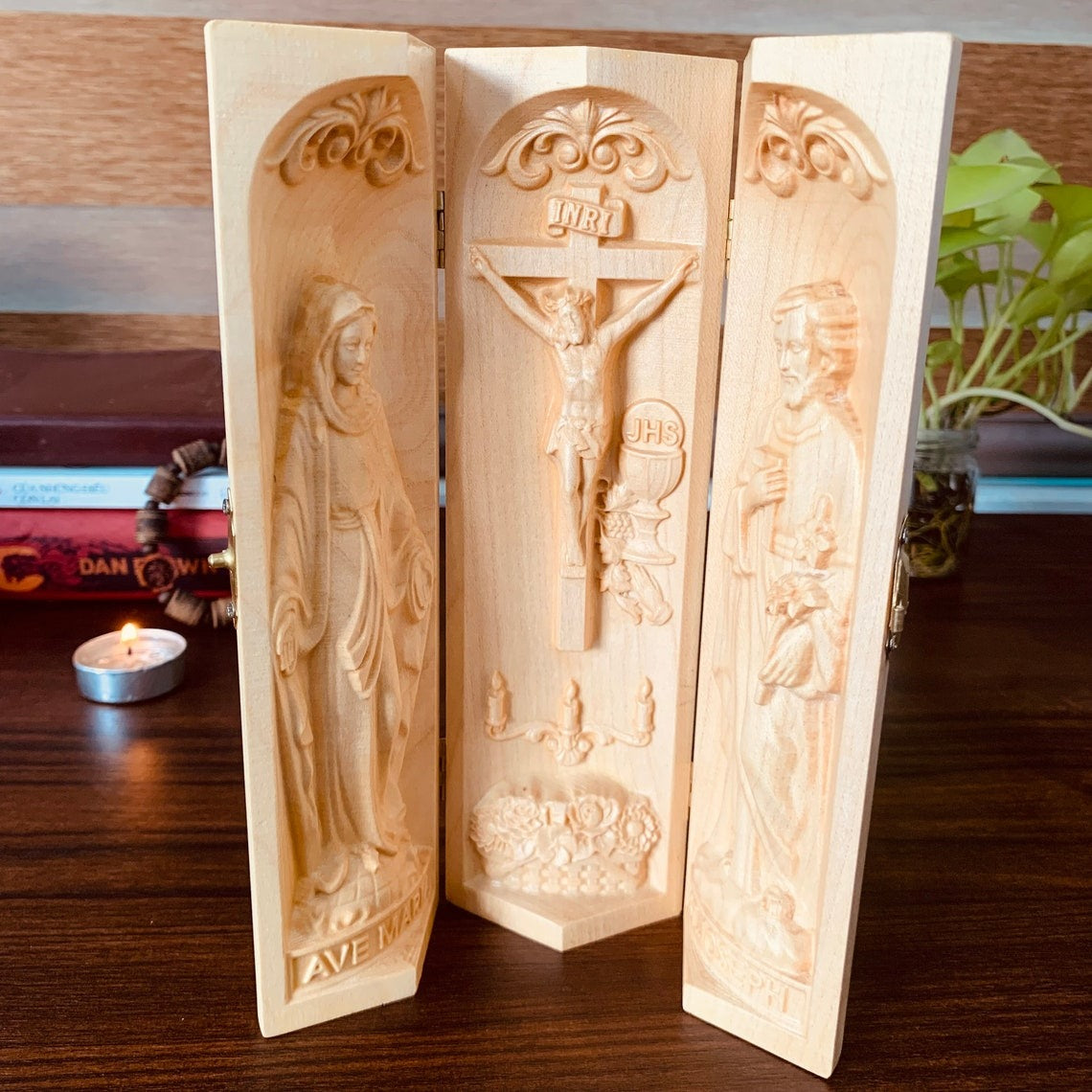 Catholic Home Altar with Ave Maria, Jesus Crucifix and St. Joseph, Rollable Wooden Triptych Catholic Religious Decor