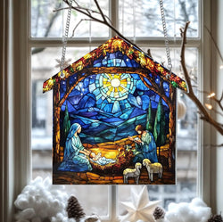 Nativity Jesus Christ Suncatcher, Faux Stained Glass Christian Window Hanging, Religious Home Decor