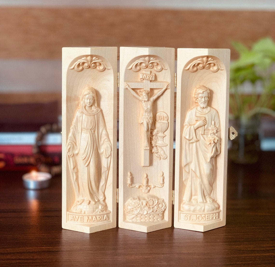 Catholic Home Altar with Ave Maria, Jesus Crucifix and St. Joseph, Rollable Wooden Triptych Catholic Religious Decor