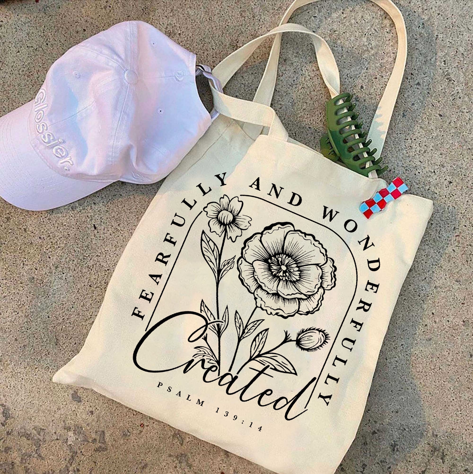 Christian Tote Bag – Fearfully and Wonderfully Made Canvas Bag – Religious Gift – Bible Verse Tote – Faith-Based Accessories – Christian Gifts for Women TBLAF06