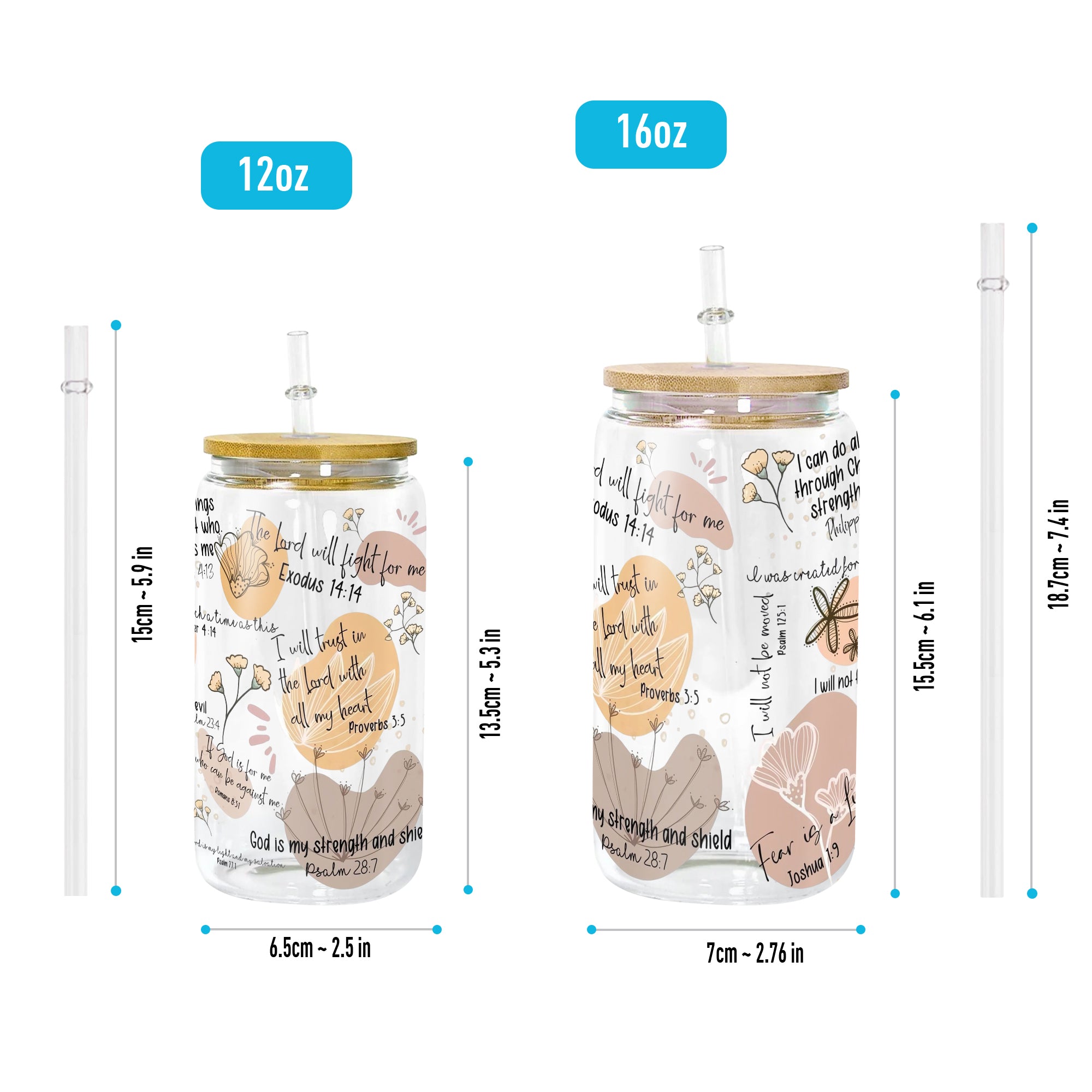 Christian Clear Glass Can with Bamboo Lid and Straw, Bible Verse Floral Cup, Scripture Iced Coffee Tumbler, Faith Gift for Women GCLAF33
