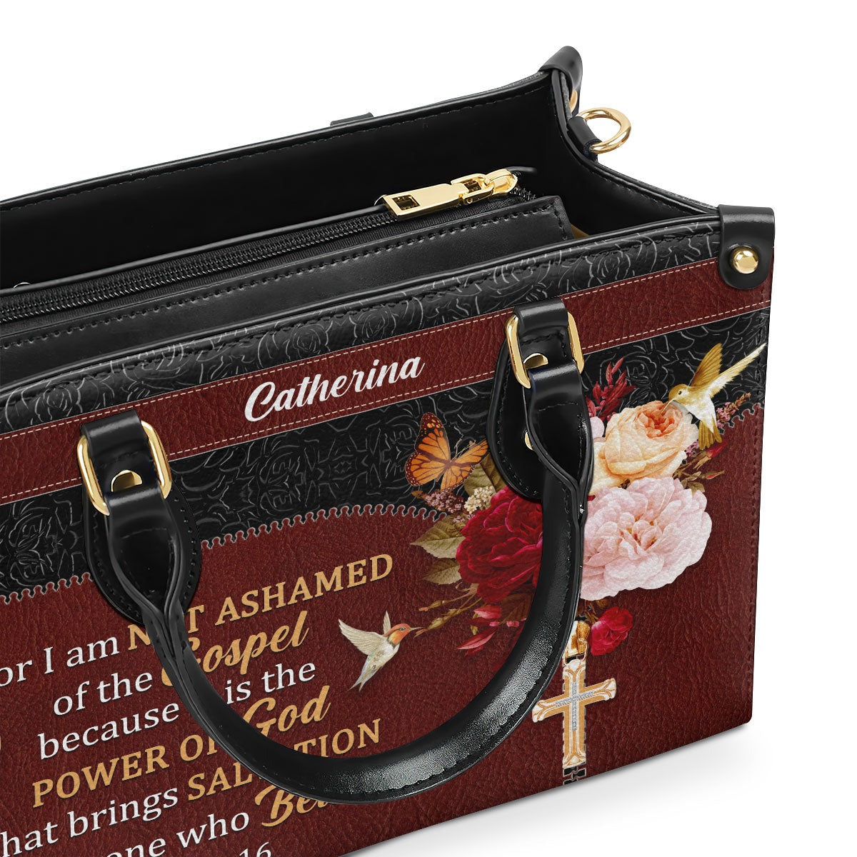 Personalized Christian Leather HandBag with Bible Verse Romans 1:16, Custom Name Handbag, Faith Religious Gift for Women BLAF18