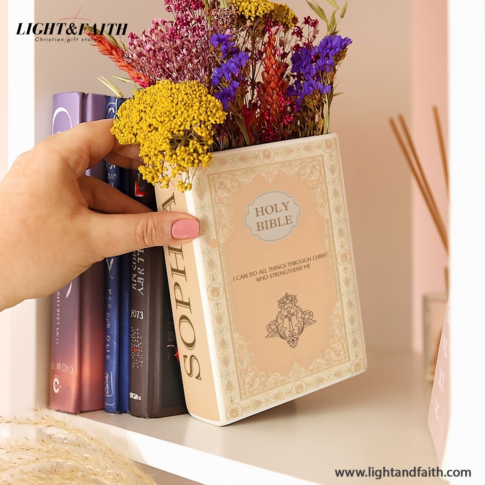 Personalized Holy Bible Book Vase, Ceramic Floral Book Decor with Scripture Verse, Christian Gift for Her CBLAF05