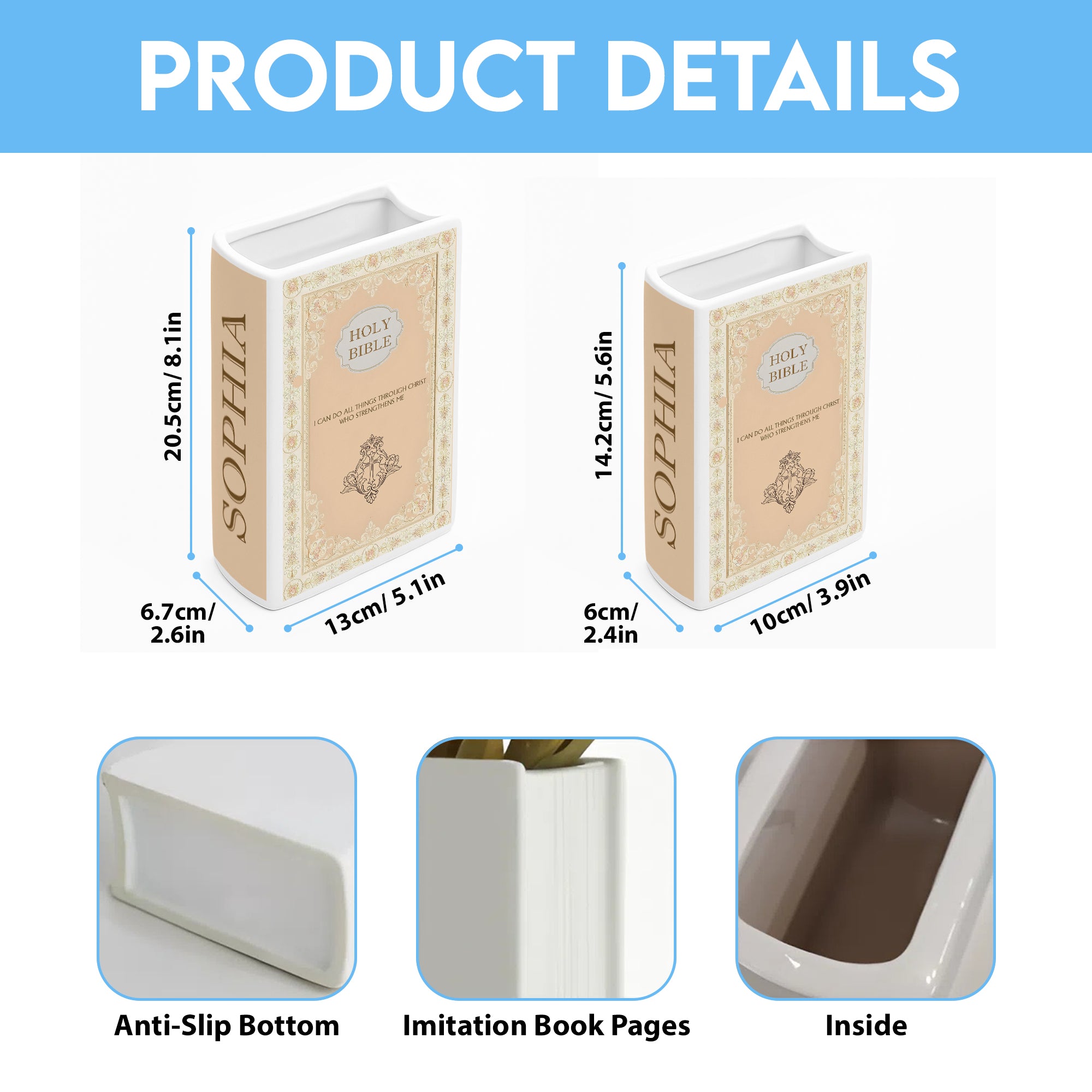 Personalized Holy Bible Book Vase, Ceramic Floral Book Decor with Scripture Verse, Christian Gift for Her CBLAF05