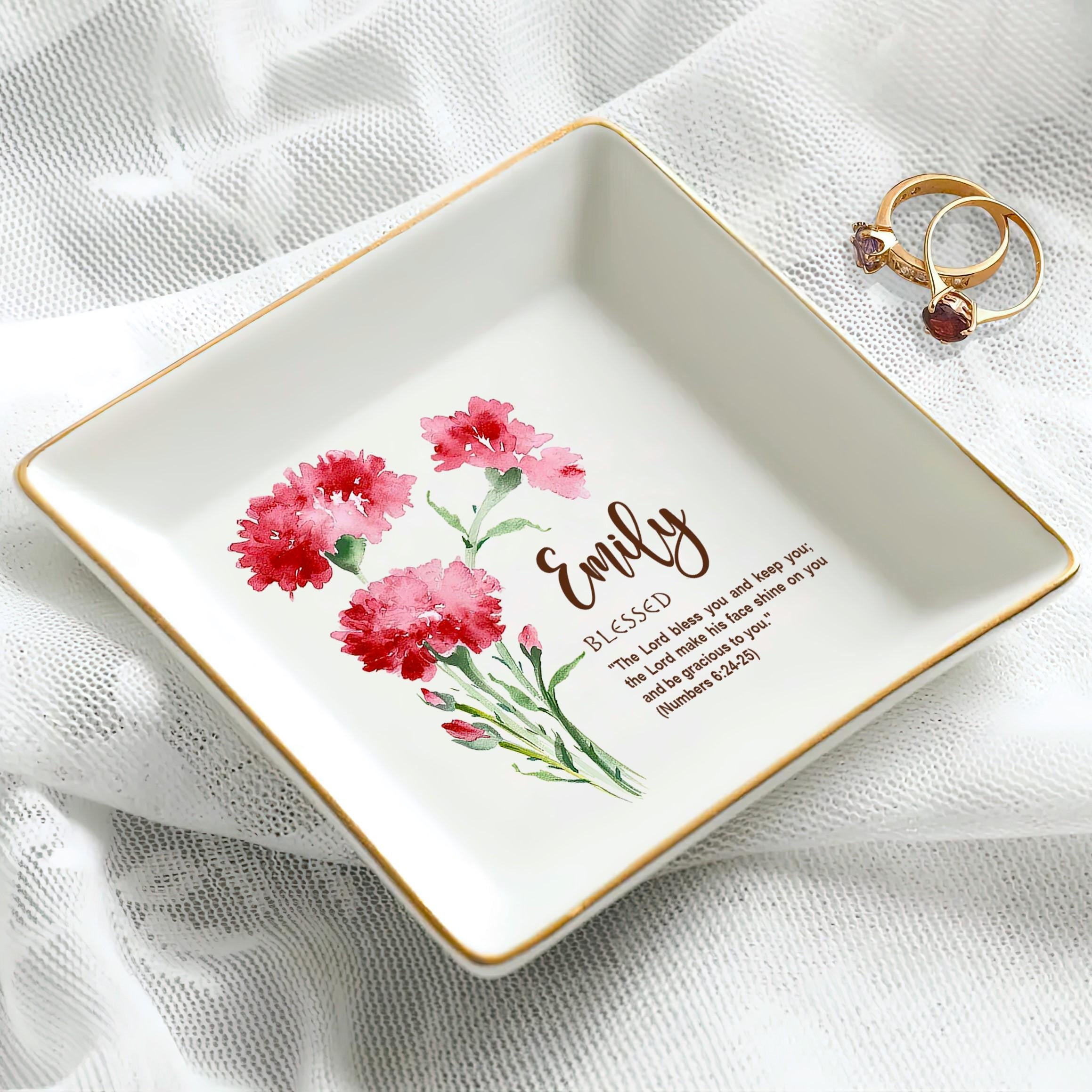 Personalized Bible Verse Floral Trinket Dish, Watercolor Birth Flower Ring Dish for Christian, The Lord Bless You, Faith Jewelry Dish Gift JDLAF06