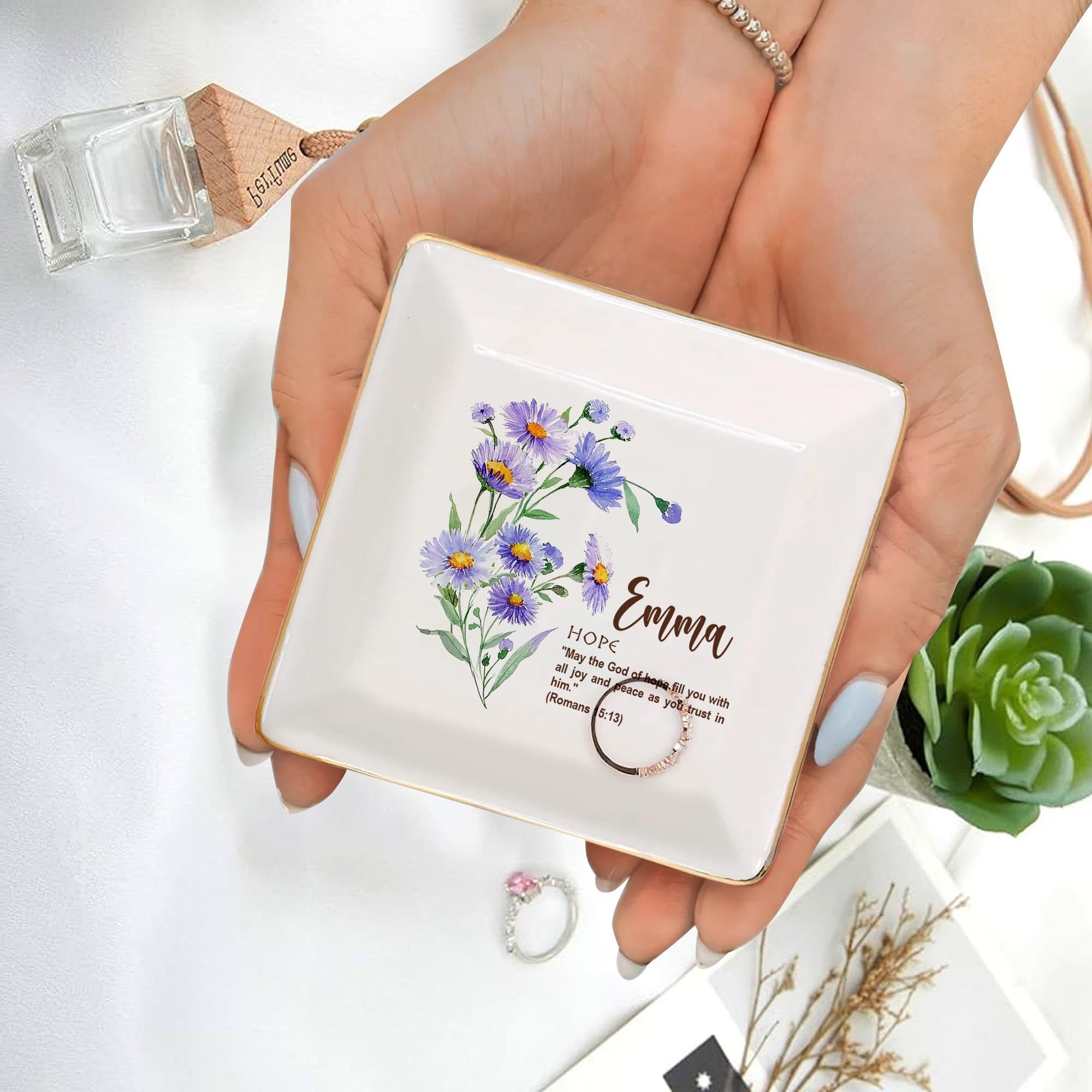 Personalized Bible Verse Floral Trinket Dish, Watercolor Birth Flower Ring Dish for Christian, The Lord Bless You, Faith Jewelry Dish Gift JDLAF06