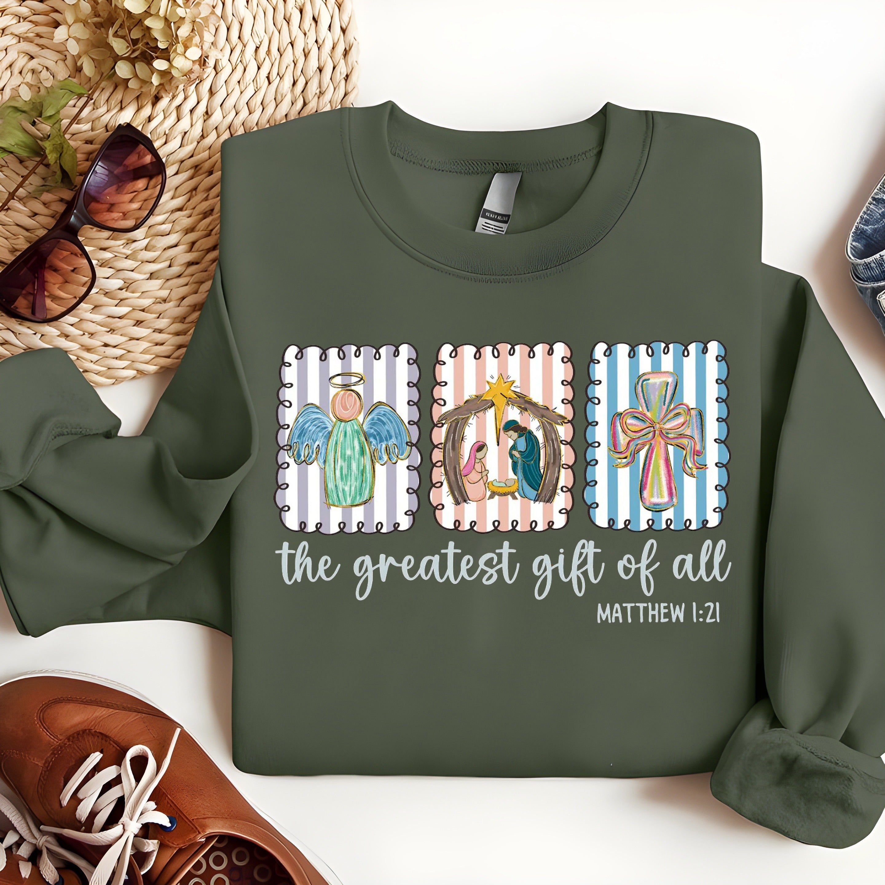 Greatest Gift of All Christmas Sweatshirt, Matthew 1:21 Bible Verse Pullover, Christian Nativity Angel Cross Crewneck