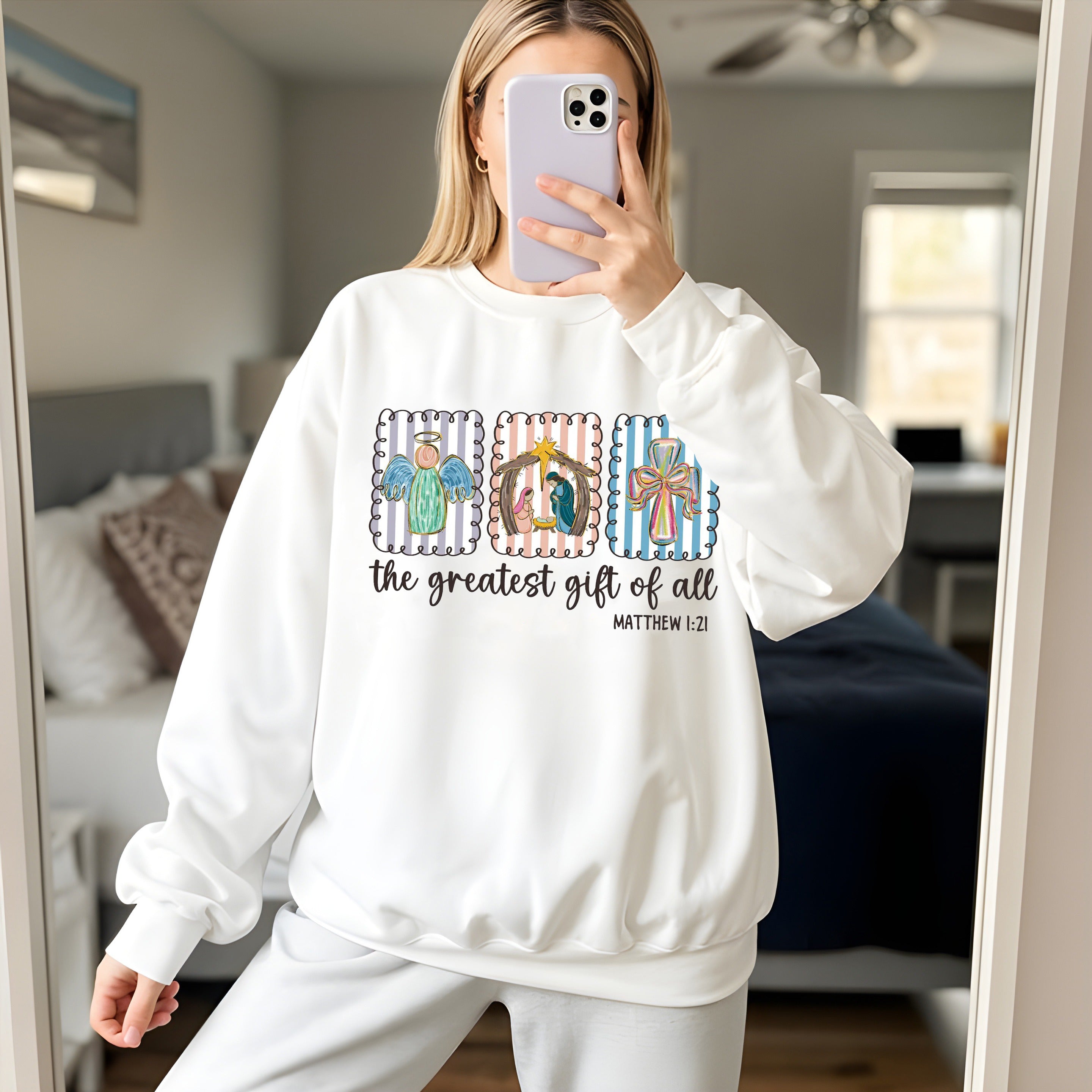 Greatest Gift of All Christmas Sweatshirt, Matthew 1:21 Bible Verse Pullover, Christian Nativity Angel Cross Crewneck