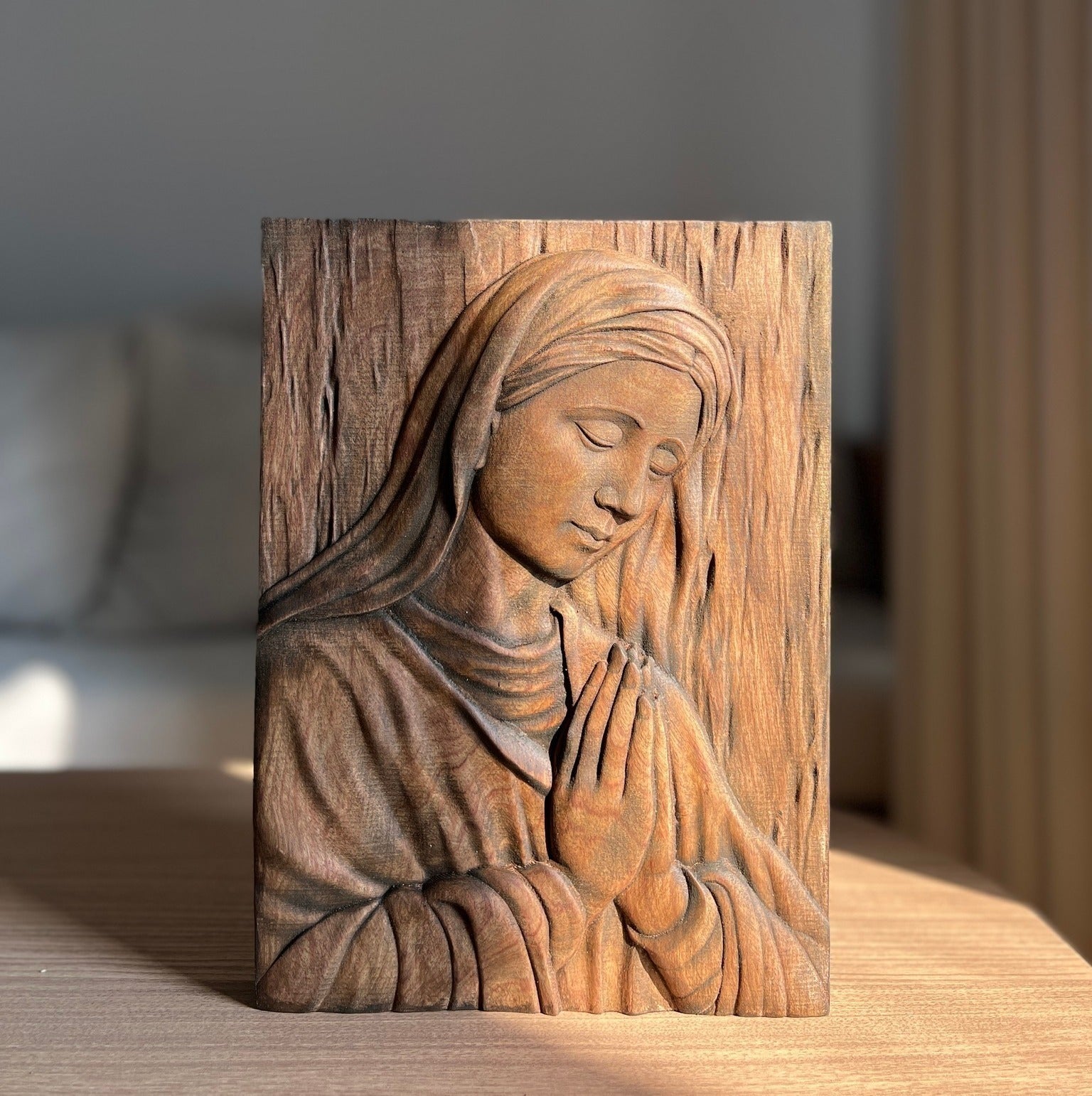 Hand Carved Wooden Jesus and Mary Wall Art, Religious Home Decor, Christian Prayer Plaque, Catholic Gift, Sacred Relief Panel