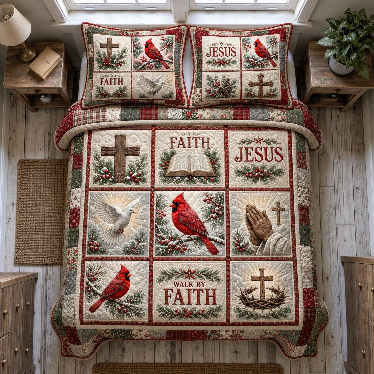 Christian Faith Quilted Bedding Set, Christian Red Cardinal Quilted Blanket And Pillowcases, Personalized Bedding Set, Bedroom Decor LAFBED46