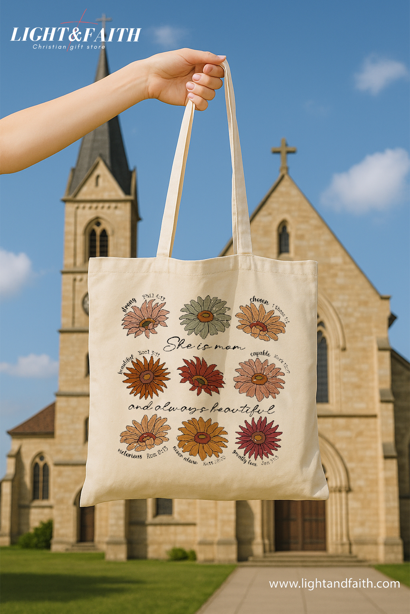 She Is Mom Christian Tote Bag, Bible Verse Flower Canvas Bag, Faith Gift for Mother, Religious Scripture Tote, Inspirational Christian Bag TBLAF50