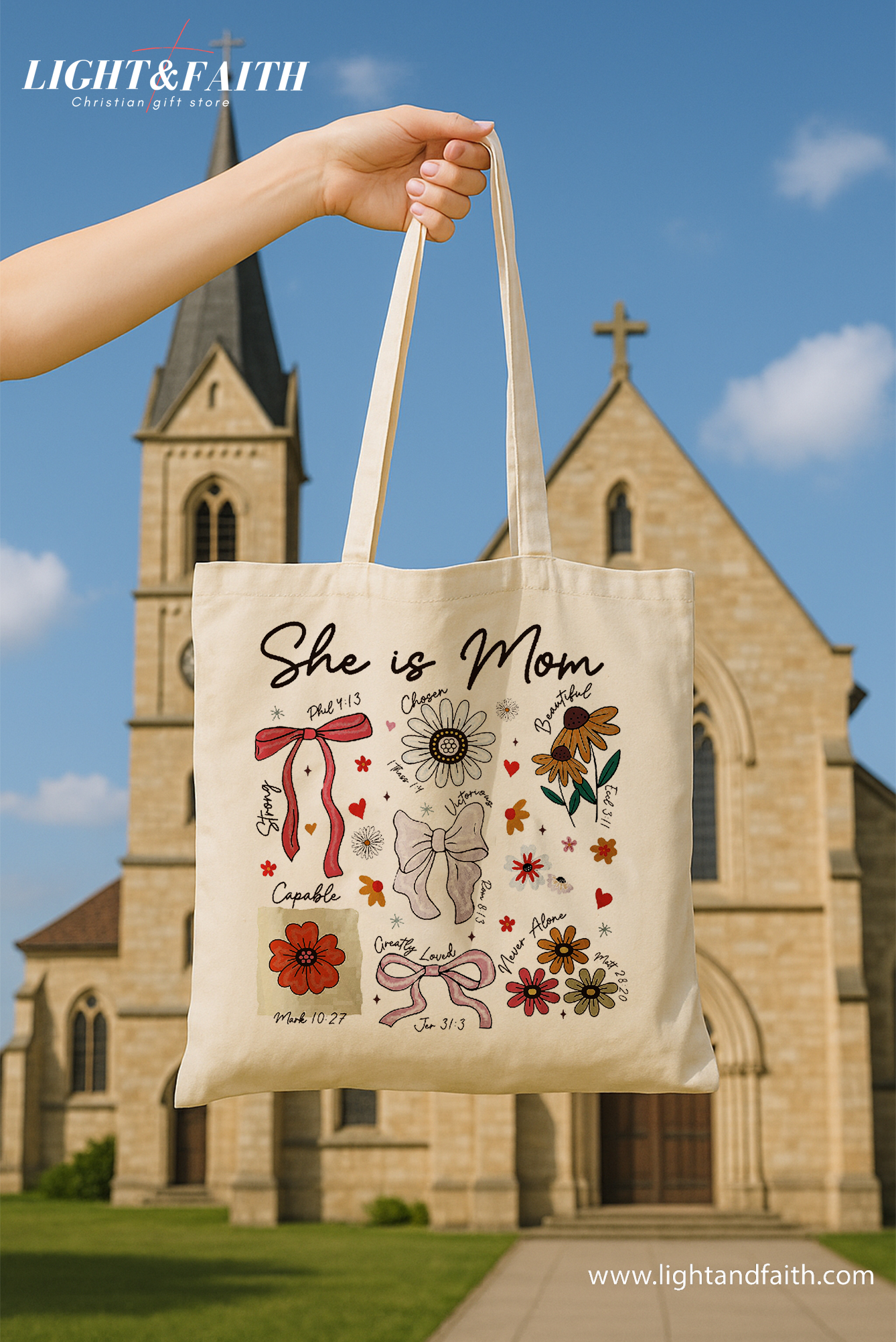 She Is Mom Tote Bag, Christian Bible Verse Flower Tote, Mother's Day Faith Gift, Inspirational Scripture Canvas Bag for Mom, Church Tote TBLAF51