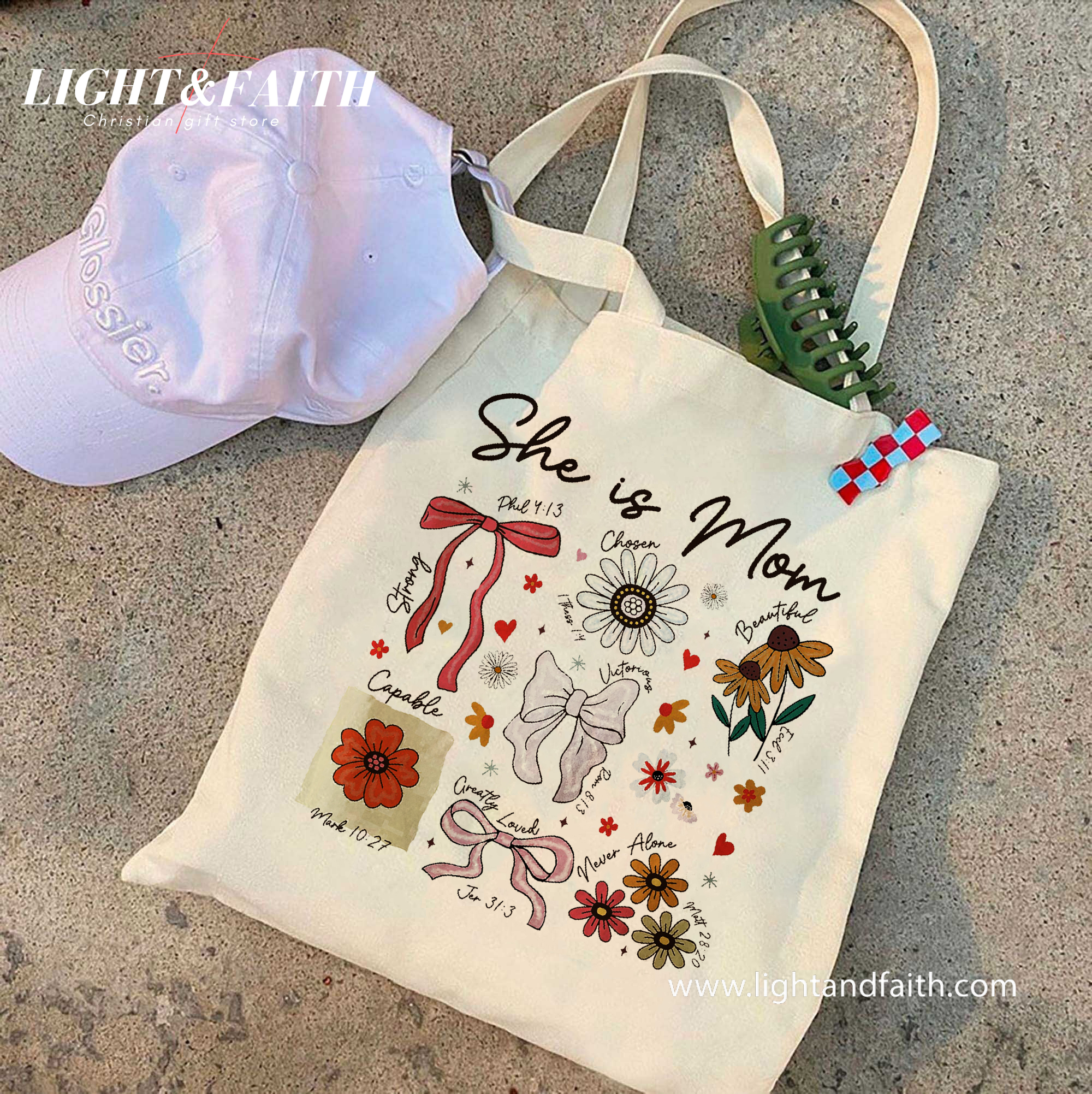 She Is Mom Tote Bag, Christian Bible Verse Flower Tote, Mother's Day Faith Gift, Inspirational Scripture Canvas Bag for Mom, Church Tote TBLAF51