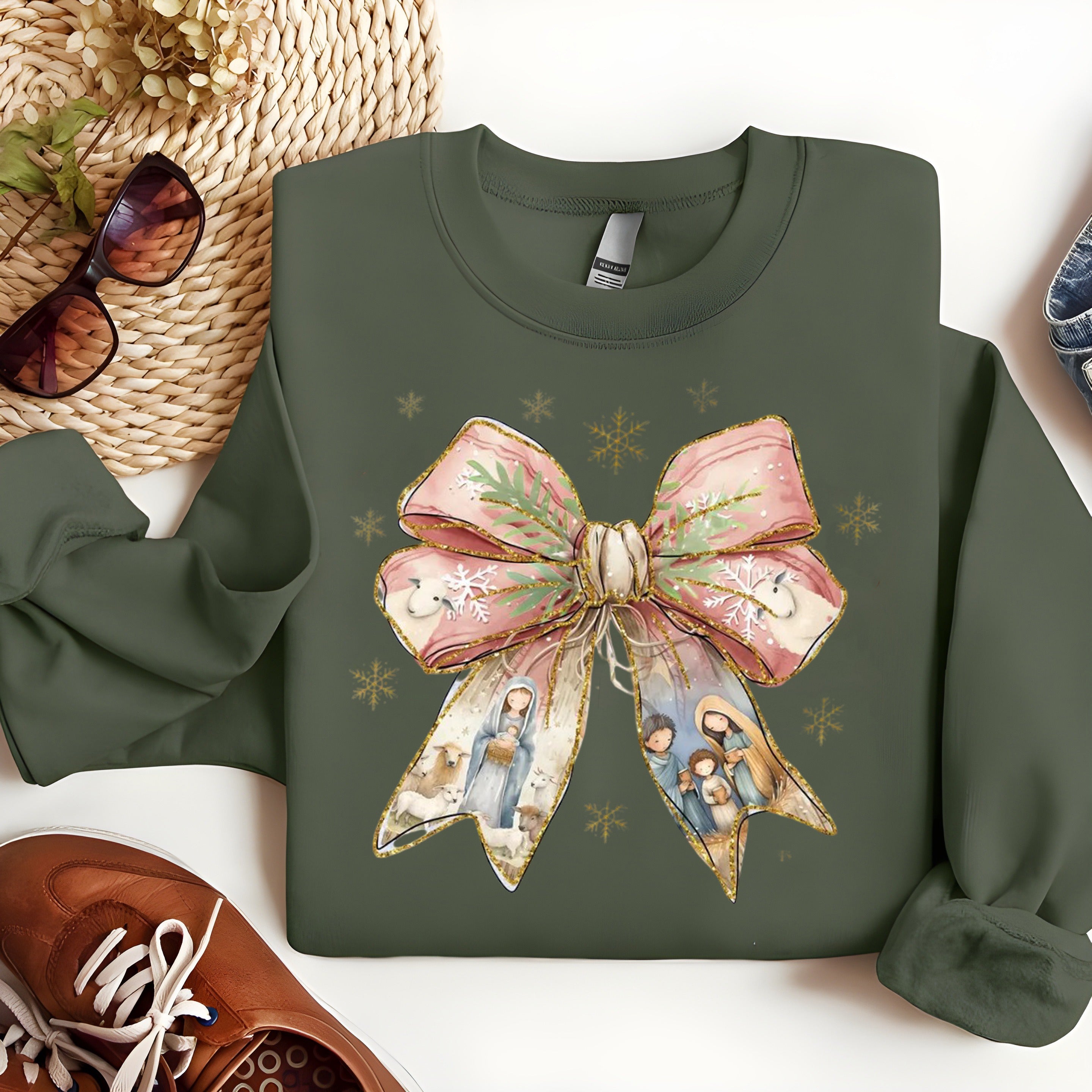 Nativity Bow Christmas Sweatshirt, Christian Holiday Pullover, Religious Crewneck with Manger Scene and Festive Ribbon