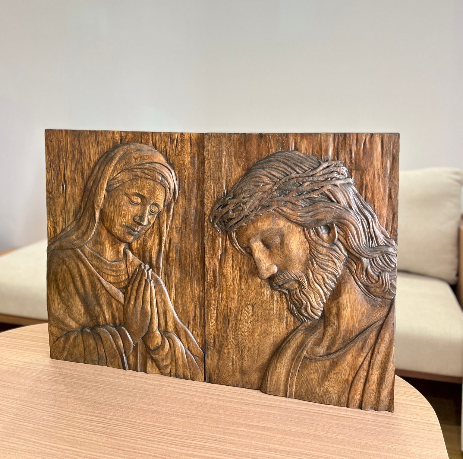 Hand Carved Wooden Jesus and Mary Wall Art, Religious Home Decor, Christian Prayer Plaque, Catholic Gift, Sacred Relief Panel